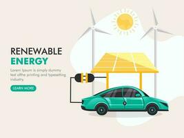 förnybar energi begrepp baserad affisch design med 3d framställa elektrisk bil laddning från sol- panel, solsken och väderkvarnar på bakgrund. vektor