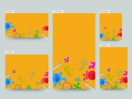 Sozial Medien Vorlage Post Sammlung mit oben Aussicht Farbe Schalen, Wasser Waffen, indisch Süßigkeiten auf Gelb Hintergrund. vektor