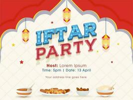 iftar Party Einladung oder Poster Design mit köstlich Lebensmittel, hängend Laternen auf rot und Weiß Hintergrund. vektor