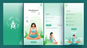 einstellen von ui, ux, gui Bildschirme Meditation Musik- App einschließlich Zeichen In, erstellen Konto und Zeichen oben zum reaktionsschnell Webseite. vektor