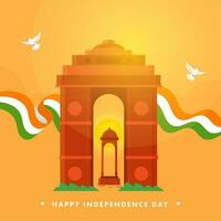 Lycklig oberoende dag begrepp med Indien Port, tak monument, tricolor band och duvor flygande på saffran bakgrund. vektor