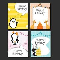 Lycklig födelsedag kort mall layout med tecknad serie djur i fyra Färg alternativ. vektor