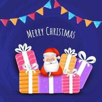 fröhlich Weihnachten Konzept mit süß Santa claus und bunt Geschenk Kisten und Ammer Flaggen auf Blau Bürste Textur Hintergrund. vektor