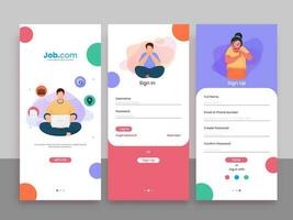 uppsättning av ui, ux, gui skärmar jobb rekrytering app Inklusive skapa konto, tecken i, tecken upp för mobil Ansökan eller mottaglig hemsida. vektor