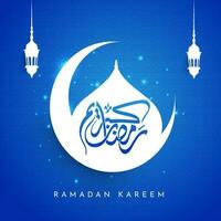 Arabisch Kalligraphie von Ramadan kareem mit Weiß Halbmond Mond, Moschee, Laternen hängen und Beleuchtung bewirken auf Blau heilig geometrisch Blume Muster Hintergrund. vektor