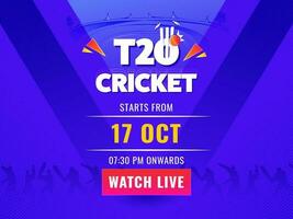 t20 cricket Kolla på leva affisch design med silhuett kricketspelare spelare på violett bakgrund. vektor