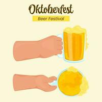 oktoberfest öl festival begrepp med händer innehav öl muggar på gul bakgrund. vektor