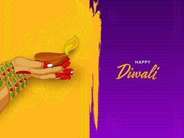 glücklich Diwali Feier Konzept mit indisch weiblich Hände halten zündete Öl Lampe auf Gelb und lila Bürste bewirken Hintergrund. vektor