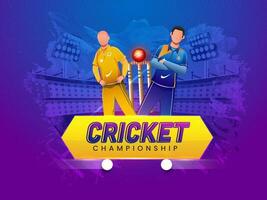 cricket mästerskap affisch design med ansiktslös cricket spelare av deltar lag på blå och lila borsta effekt stadion bakgrund. vektor