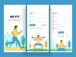 Fitness App ui Bildschirme oder Vorlage Layout wie Zeichen In, erstellen Konto und Zeichen hoch. vektor