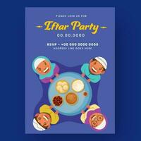 iftar Party Flyer oder Einladung Karte mit Muslim Menschen genießen köstlich Lebensmittel auf Blau Hintergrund. vektor