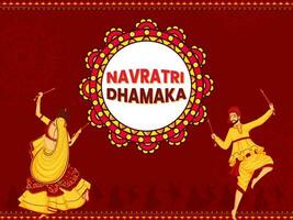 navratri Dhamaka Poster Design mit indisch Paar tun Garba tanzen auf braun Hintergrund. vektor