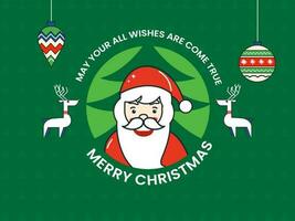 glad jul firande hälsning kort med santa claus karaktär, ren och grannlåt hänga på grön bakgrund. vektor