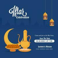 iftar Feier Poster Design mit Halbmond Mond, Arabisch Krug, Süßigkeiten und hängend Laterne auf Blau Hintergrund. vektor