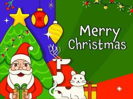 Vektor Illustration von Santa claus halten Geschenk Box mit Karikatur Katze, Rentier und dekorativ Weihnachten Baum auf bunt Hintergrund zum fröhlich Weihnachten.