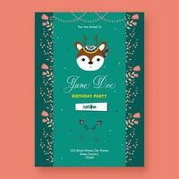 Geburtstag Party Flyer Design mit Karikatur Rentier Gesicht und Veranstaltung Einzelheiten im Grün Farbe. vektor