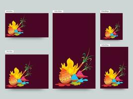 Sozial Medien Vorlage oder Poster Sammlung mit holi Festival Elemente auf dunkel Rosa Hintergrund. vektor