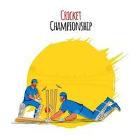 cricket mästerskap begrepp, illustration av slagman springa ut nära grind vårdare stående på gul och vit bakgrund. vektor