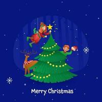 glad jul affisch design med tecknad serie älva pojke och flicka dekorera xmas träd, ren på blå bakgrund. vektor