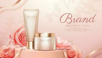 romantisk kosmetisk Produkter annonser med rosa papper ro och pärla dekorationer vektor