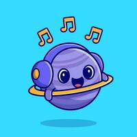 süß Planet Hören Musik- mit Kopfhörer Karikatur Vektor Symbol Illustration. Raum Musik- Symbol Konzept isoliert Prämie Vektor. eben Karikatur Stil