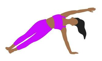 Flexibilität Yoga Pose. afrikanisch amerikanisch lange Haare weiblich, Dame, Frau, Mädchen. Pilates, mental Gesundheit, Ausbildung, Fitnessstudio. Vektor Illustration im Karikatur eben Stil isoliert auf Weiß Hintergrund.