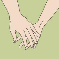 hand dragen konst av hand i hand på grön bakgrund. kärlek och vänskap. vektor illustration