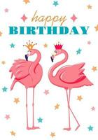 födelsedag fest kort med rosa flamingo och stjärnor konfetti. vektor