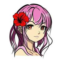 söt anime flicka med blomma och rosa hår vektor