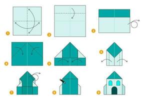 Haus Origami planen Lernprogramm ziehen um Modell. Origami zum Kinder. Schritt durch Schritt Wie zu machen ein süß Origami Haus. Vektor Illustration.