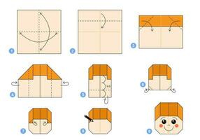 Junge Origami planen Lernprogramm ziehen um Modell. Origami zum Kinder. Schritt durch Schritt Wie zu machen ein süß Origami Junge. Vektor Illustration.