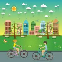 par ridning cyklar i offentlig parkera, illustration, platt design, vektor