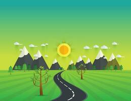 Straße im Grün Schlucht, Berge, Hügel, Wolken und Sonne auf das Himmel vektor