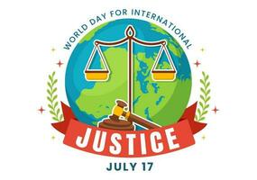 Welt Tag zum International Gerechtigkeit Vektor Illustration mit Erde, Waage oder Richter Hammer im eben Karikatur Hand gezeichnet zu Landung Seite Vorlagen