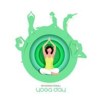 papper skära cirkel form bakgrund med kvinna praktiserande yoga i annorlunda poser för internationell yoga dag. vektor
