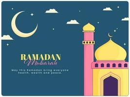 Ramadan Mubarak Gruß Karte mit Moschee Halbmond Mond und Wolken auf Blau Hintergrund. vektor