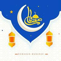 Ramadan Mubarak Kalligraphie im Arabisch Sprache mit Halbmond Mond, hängend Laternen auf Blau und Weiß islamisch Muster Hintergrund. vektor