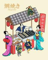 människor besök taiyaki gata Säljare i ukiyo-e stil, fiskformad kaka skriven i japansk texter på flaggor och övre vänster vektor