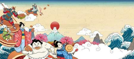 gammal människor stående och stridande på japansk dorayaki i ukiyo-e stil på retro fuji berg bakgrund vektor