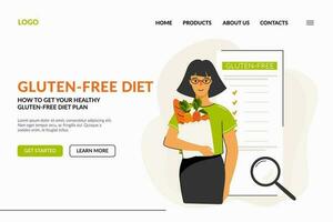 ein Website Über das Gluten-frei Diät. ein Frau liest Information Über ein gesund Essen planen und kauft ein Lebensmittel. das Konzept von Gluten kostenlos Diät, Mahlzeit Planung, Wohlbefinden. Vektor Illustration