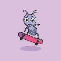 süß Ameise spielen Skateboard Karikatur Illustration vektor