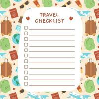 resa checklista, förpackning lista eller planerare. mall för semester, resa, resa. vektor platt illustration