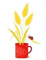 Strauß von Ährchen von Weizen mit Marienkäfer auf Blatt im rot Tasse. Vektor Illustration. Sommer- Tasse Poster mit Ernte.