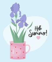 Strauß Blumen lila Iris im Tasse. Hallo Sommer- Poster. Vektor Illustration. Blühen Garten Blume im eben Stil.