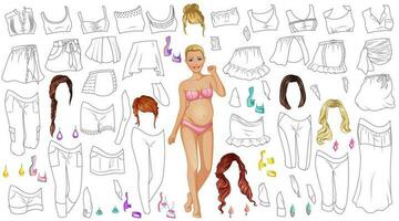 Schwangerschaft Färbung Papier Puppe mit Outfits, Frisuren und Zubehör. Vektor Illustration