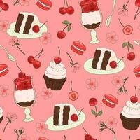 sömlös mönster med körsbär desserter, blommor och bär. vektor grafik.
