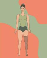 deaktiviert Mädchen mit Prothese Bein auf farbig Hintergrund. Körper positiv und Feminismus. weiblich Charakter mit ein physisch Behinderung. Hand gezeichnet Vektor Kunst