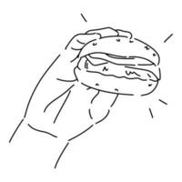 Hand halten Burger im Linie Kunst Stil. isoliert auf Weiß Hintergrund. Hand gezeichnet Vektor Illustration.