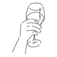 hand innehav vin glas. med linje konst stil, skiss. isolerat på vit bakgrund. hand dragen vektor illustration.