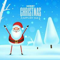 fröhlich Weihnachten und glücklich Neu Jahr Gruß Karte Design mit Santa claus erziehen Hände und Schnee Startseite Baum auf Blau Schneefall Hintergrund. vektor